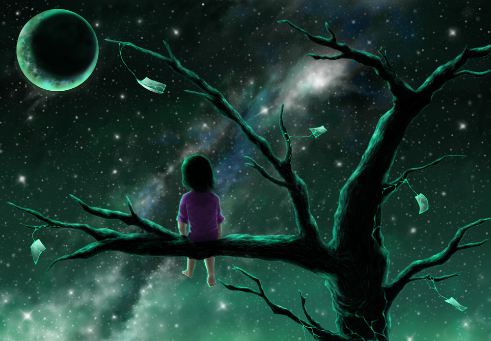 Обои для рабочего стола Девочка сидит на ветке дерева на фоне ночного неба с луной, by vV-ave