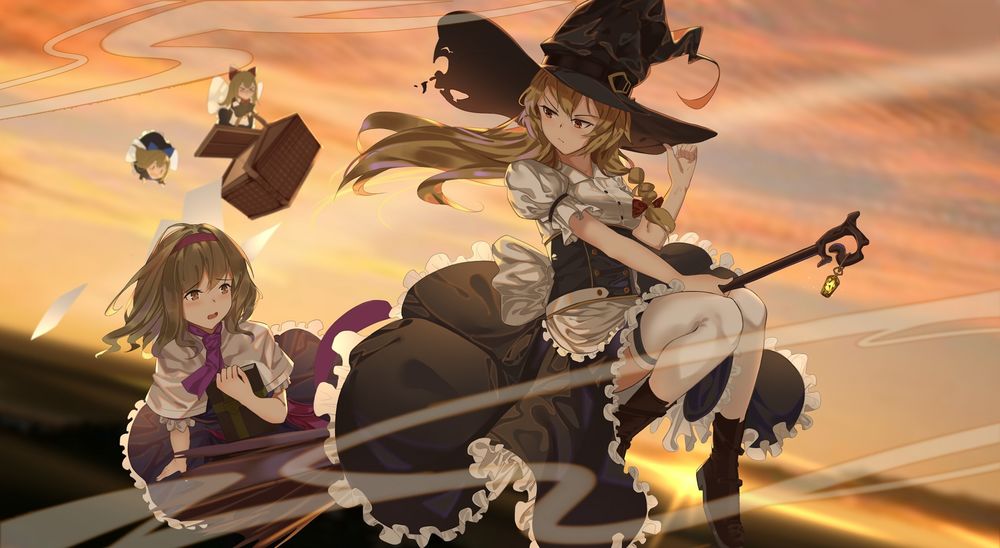 Обои для рабочего стола Alice Margatroid / Алиса Маргатроид и Kirisame Marisa / Кирисаме Мариса летят в вечернем небе, из серии компьютерных игр Touhou Project / Проект Восток