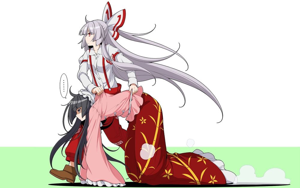 Обои для рабочего стола Fujiwara no Mokou / Фудзивара но Моко куда-то тащит за шиворот Yasaka Kanako из игры Проект Восток / Touhou Project