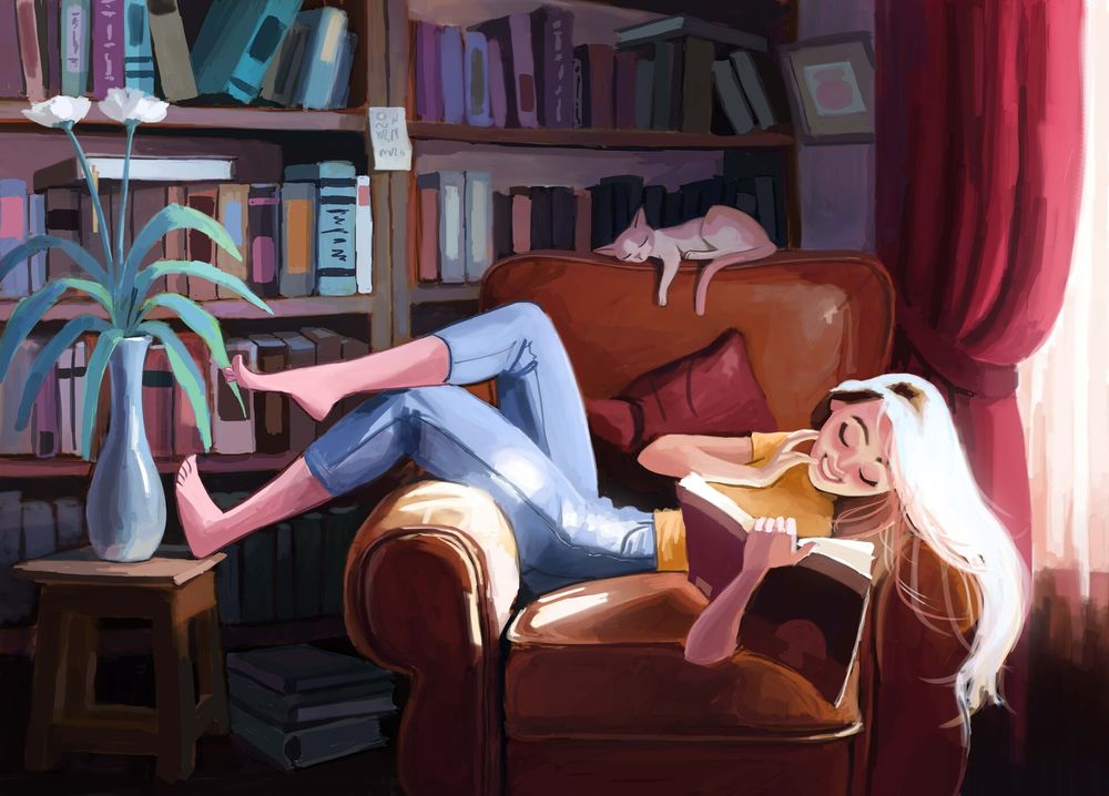 Обои для рабочего стола Девочка с книгой лежит на кресле, by reza abbbasi