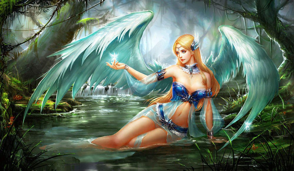 Обои для рабочего стола Красивая ангел-девушка позирует на фоне леса и водопада