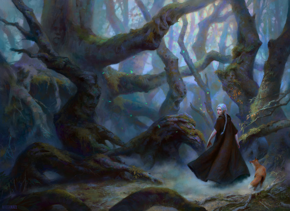 Обои для рабочего стола Эльфийка с лисой в волшебном лесу, by Marta Nael