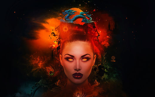 Обои на рабочий стол Девушка с горящими огнем глазами, Asian mystery / Азиатская тайна, by Estelle Chomienne