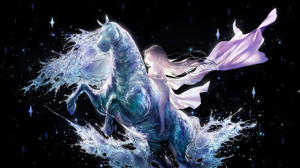 Обои на рабочий стол Эльза / Elsa из мультфильма Холодное сердце / Frozen верхом на ледяной лошади