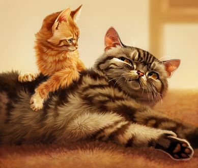 Обои на рабочий стол Рыжий котенок и полосатый кот, by Pixxus