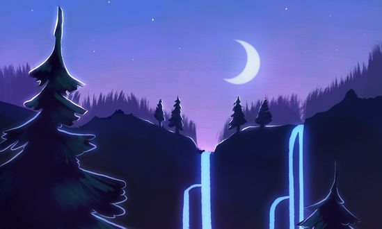 Обои на рабочий стол Елки и водопады на фоне неба с луной, by Heidi Varis
