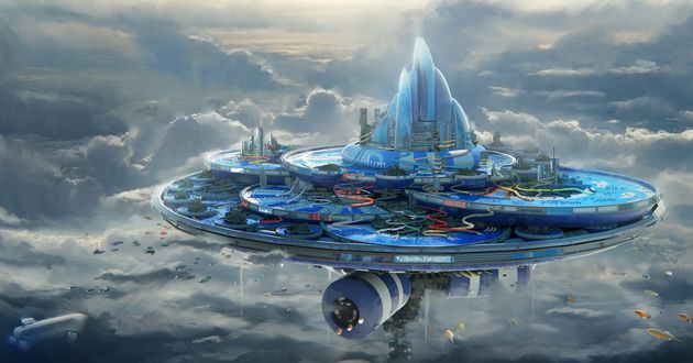 Обои на рабочий стол Летающий город-аквапарк парит над облаками, by Tryingtofly