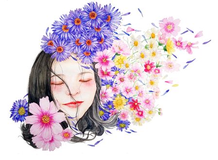 Обои на рабочий стол Лицо девушки с закрытыми глазами среди цветов, by tangjiao990