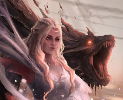 Обои на рабочий стол Daenerys Targaryen / Дейнерис Таргариен с драконом из сериала Игра престолов / Game of Thrones