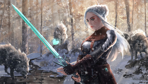 Обои на рабочий стол Ciri / Цирилла стоит с мечом в зимнем лесу среди разъяренных волков, арт к игре The Witcher / Ведьмак, by Gavin Wynford