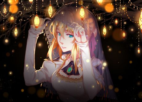 Обои на рабочий стол Violet Evergarden / Вайолет Эвергарден из одноименного аниме в белом платье, с вуалью на голове
