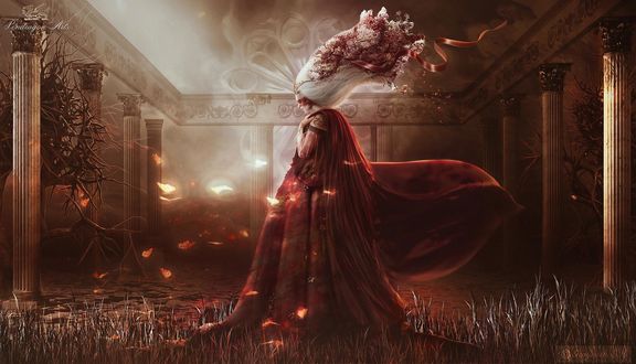 Обои на рабочий стол Девушка в длинном платье с цветами в волосах, by Pendragon-Arts