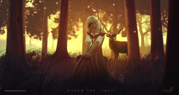 Обои на рабочий стол Девушка стоит в лесу с оленями, by ManuxGame
