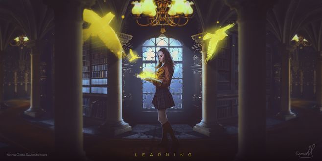 Обои на рабочий стол Девушка стоит с магической книгой, откуда появились волшебные птицы, в руках в библиотеке, by ManuxGame