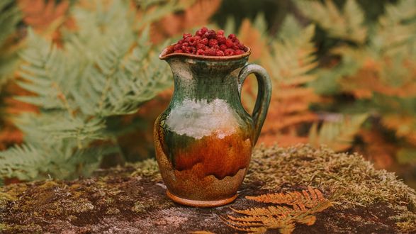 Обои на рабочий стол Кувшин со спелой красной малиной, by Anita Austvika