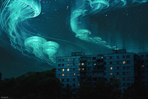 Обои на рабочий стол Дом под небом с медузами, by Капичай
