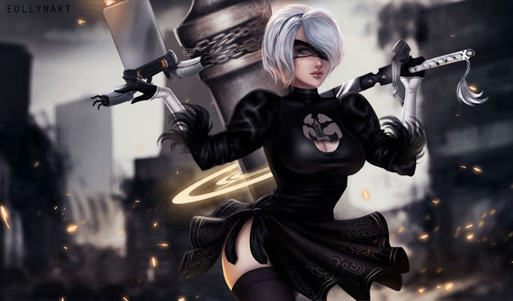 Обои на рабочий стол YoRHa №2 тип B из игры NieR: Automata, by Eollyn Art