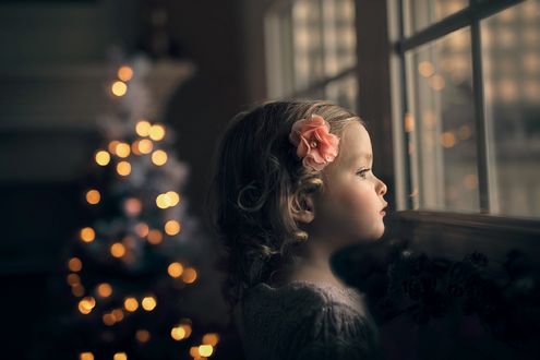 Обои на рабочий стол Девочка смотрит в окно в комнате с елкой, by Jessica Drossin