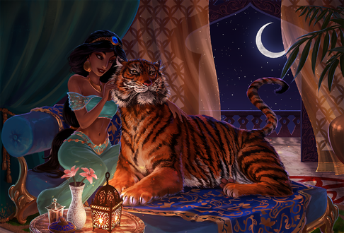 Обои на рабочий стол Принцесса Жасмин сидит рядом с тигром, by elaina-f