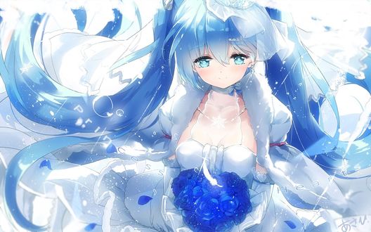Обои на рабочий стол Vocaloid Hatsune Miku / вокалоид Хатсуне Мику с букетом синих роз