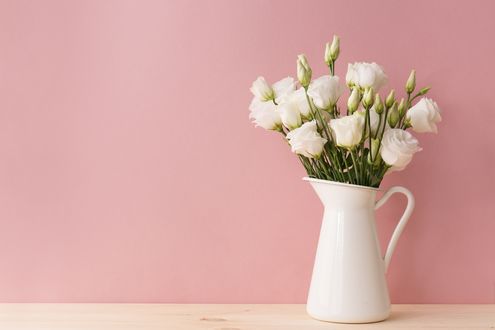 Обои на рабочий стол Белые розы с бутонами в белом кувшине на розовом фоне