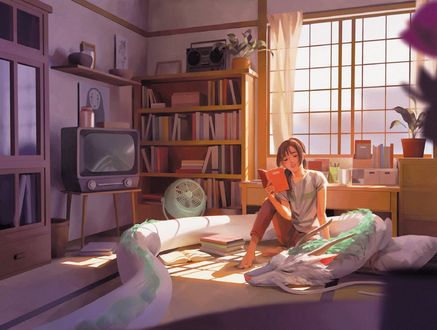 Обои на рабочий стол Девочка с книгой сидит на кровати где лежит дракон
