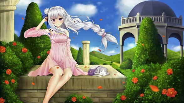 Обои на рабочий стол Emilia / Эмилия и Puck / Пак из аниме Re: Zero kara Hajimeru Isekai Seikatsu / Re: Жизнь в альтернативном мире с нуля