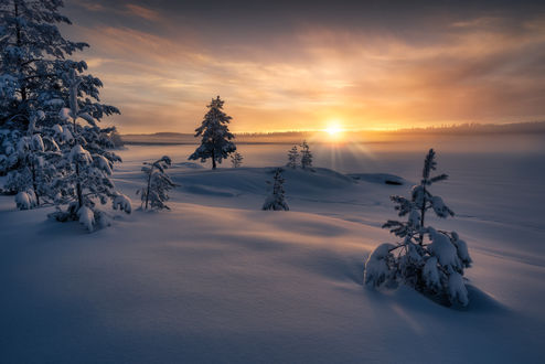 Обои на рабочий стол Зимний закат солнца на Ringerike, Norway / Рингерике, Норвегия, by Ole Henrik Skjelstad