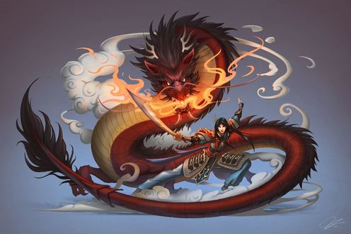 Обои на рабочий стол Mulan / Мулан из мультфильма Mulan / Мулан перед драконом, by JueLiDraws