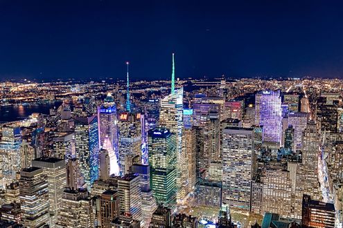 Обои на рабочий стол Нью-Йорк / New York, США / USA, Манхеттен ночью, вид с высоты полета, by skeeze