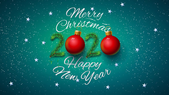 Обои на рабочий стол Цифры 2020 из шариков и веточек ели, (Merry Christmas / С Рождеством, Happy New year / С Новым годом)