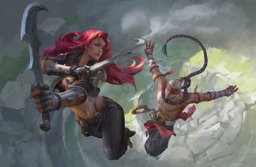 Обои на рабочий стол Katarina and Lee Sin / Катарина и Ли Син, арт к игре League of Legends / Лига Легенд, by Song Nan Li