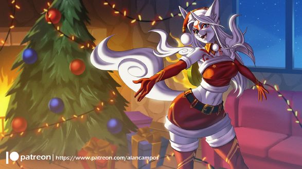 Обои на рабочий стол Работа Amaterasu Christmas / Рождество Amaterasu, персонаж Amaterasu / Аматерасу из игры Okami, by playfurry