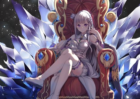 Обои на рабочий стол Emilia / Эмилия и Puck / Пак из аниме Re: Zero kara Hajimeru Isekai Seikatsu / Re: Жизнь в альтернативном мире с нуля