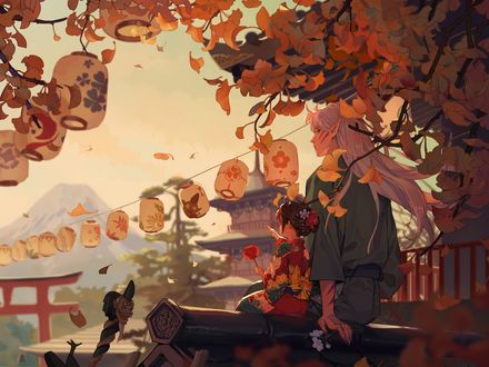 Обои на рабочий стол Демон Sesshomaru / Сесшомару и Rin сидят под деревом, любуясь осенним пейзажем, рядом Jaken с посохом из аниме InuYasha / Инуяша