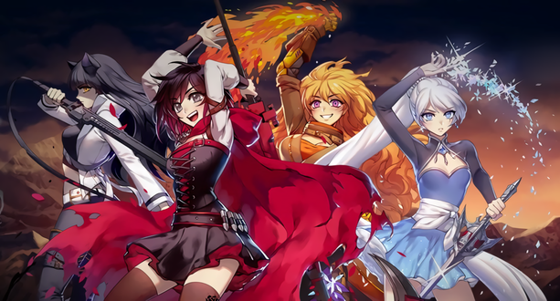 Обои на рабочий стол Blake Belladonna / Блейк Белладонна, Ruby Rose / Руби Роуз, Yang Xiao Long / Янь Сяо Лун, Weiss Shnee / Вайс Шни из аниме RWBY / Красный, Белый, Черный, Желтый