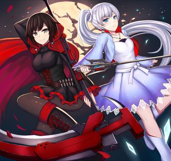 Обои на рабочий стол Ruby Rose / Руби Роуз и Weiss Shnee / Вайс Шни из аниме RWBY / Красный, Белый, Черный, Желтый