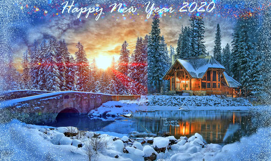 Обои на рабочий стол Домик на фоне елок в снегу у реки с моcтом, (happy new year 2020 / счастливого нового года 2020)