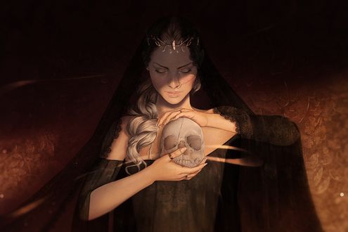Обои на рабочий стол Девушка с черепом в руках, by Gabrielle Ragusi