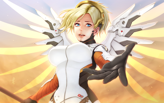 Обои на рабочий стол Mercy / Ангел / Angela Ziegler / Ангела Циглер из игры Overwatch / Дозор, by Horuto