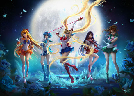 Обои на рабочий стол Tsukino Usagi / Цукино Усаги / Sailor Moon / Сейлор Мун, Аino Мinako / Минако Айно / Sailor Venus / Сейлор Венера, Нino Rei / Рэй Хино / Sailor Мars / Сейлор Марс, Мizuno Аmi / Ами Мизуно / Sailor Мercury / Сейлор Меркурий и Кino Мakoto / Макото Кино / Sailor Jupiter / Сейлор Юпитер из аниме Красавица-воин Сейлор Мун / Bishoujo Senshi Sailor Moon, by sunmomo