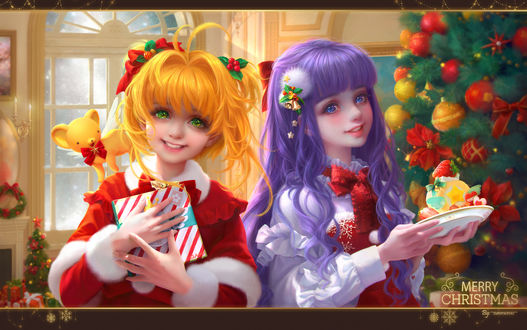 Обои на рабочий стол Sakura Kinomoto / Сакура Киномото, Daidouji Tomoyo / Томое Дайдодзи и зверек Keroderos из аниме Сакура-собирательница карт / Cardcaptor Sakura,(Merry Christmas / Счастливого Рождества), by sunmomo