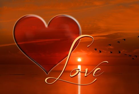 Обои на рабочий стол Сердечко на фоне заката и летящих журавлей (Love / любовь), by Frauke Riether