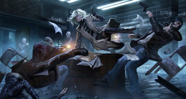 Обои на рабочий стол Агент Lorraine Broughton / Лоррейн Бротон в бою, арт к фильму Atomic Blonde / Взрывная блондинка, by Sarayu Ruangvesh