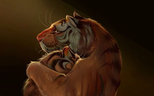 Обои на рабочий стол Тигрица обнимает тигренка, by Claudio Dias Guilhermino