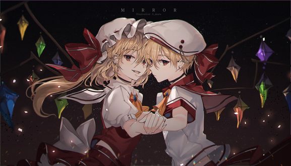 Обои на рабочий стол Remilia Scarlet / Ремилия Скарлет и Фландре Скарлет / Flandre Scarlet держатся за руки на черном фоне из игры Проект Восток / Touhou Project, by A_maru