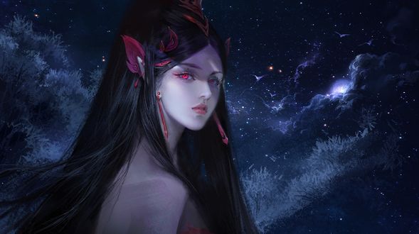 Обои на рабочий стол Девушка-The nine-tailed fox / Девятихвостая лиса стоит под ночным звездным небом, by KUISHI Xu