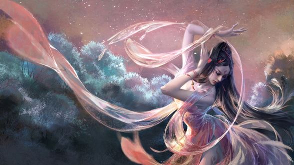 Обои на рабочий стол Девушка-The nine-tailed fox / Девятихвостая лиса в танце, by KUISHI Xu