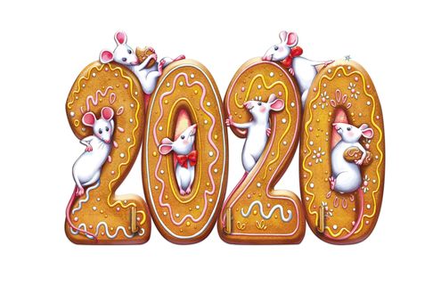 Обои на рабочий стол Белые мыши на фоне надписи 2020 в виде пряников