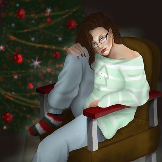 Обои на рабочий стол Девушка сидит на кресле у новогодней елки, by Samantha Minard
